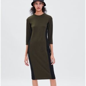 NWOT Zara Color Block Midi Bodycon Dress Olive Green/Black Small